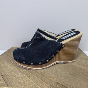 Steve Madden Suede Shearling Clogs Size 7.5 Black Leather Studded Wedge Platform